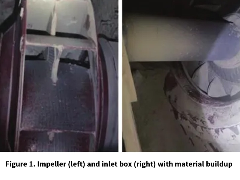 Figure 1. Impeller (left) and inlet box (right) with material buildup